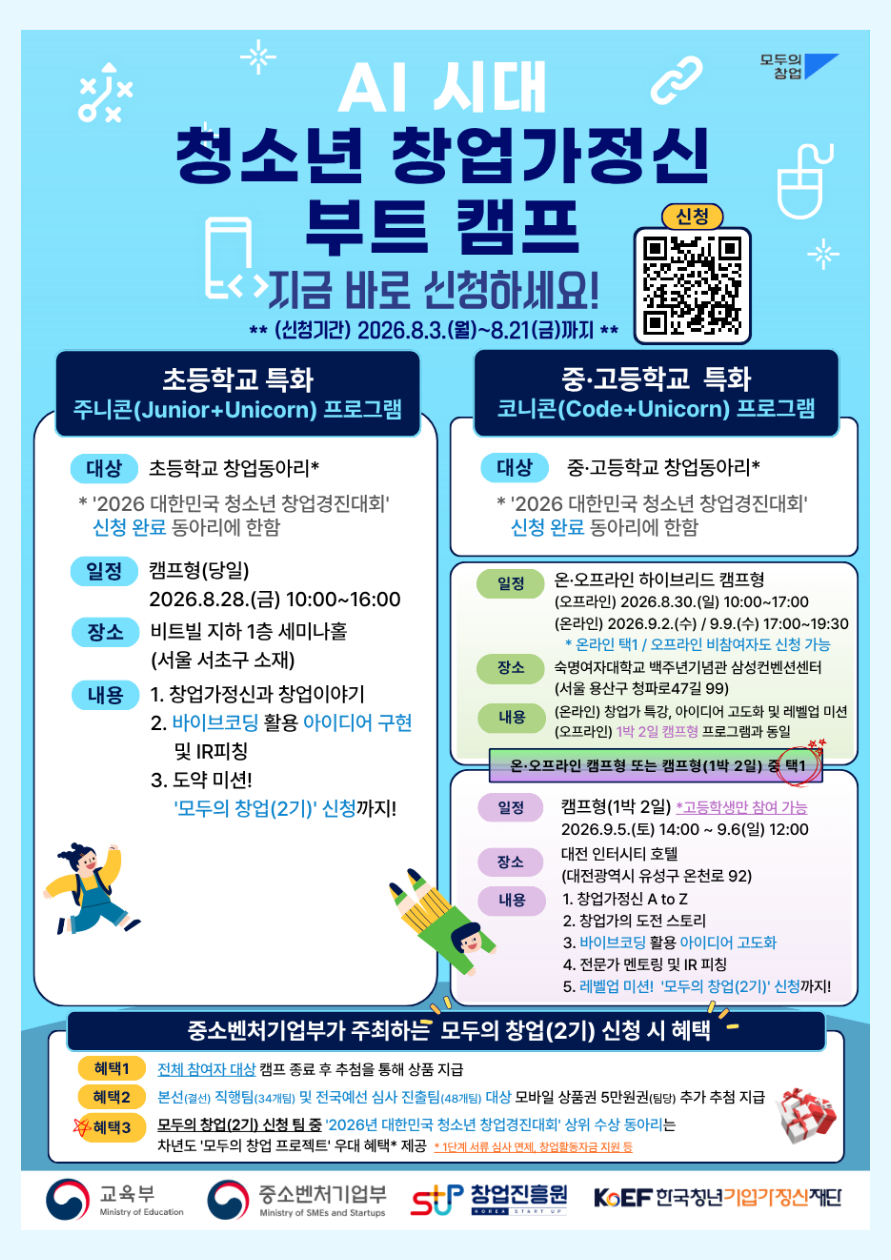 모두의 창업 AI 시대 청소년 창업가정신 부트 캠프 지금 바로 신청하세요! (신청기간) 2026.8.3.(월)~8.21.(금)까지 신청 초등학교 특화 주니콘(Junior+Unicorn) 프로그램 대상 초등학교 창업동아리* ‘2026 대한민국 청소년 창업경진대회’ 신청 완료 동아리에 한함 일정 캠프형(당일) 2026.8.28.(금) 10:00~16:00 장소 비트빌 지하 1층 세미나홀 (서울 서초구 소재) 내용 1. 창업가정신과 창업 이야기 2. 바이브코딩 활용 아이디어 구현 및 IR피칭 3. 도약 미션! ‘모두의 창업(2기)’ 신청까지! 중·고등학교 특화 코니콘(Code+Unicorn) 프로그램 대상 중·고등학교 창업동아리* ‘2026 대한민국 청소년 창업경진대회’ 신청 완료 동아리에 한함 일정 온·오프라인 하이브리드 캠프형 (오프라인) 2026.8.30.(일) 10:00~17:00 (온라인) 2026.9.2.(수) / 9.9.(수) 17:00~19:30 * 온라인 택1 / 오프라인 비참여자도 신청 가능 장소 숙명여자대학교 백주년기념관 삼성컨벤션센터 (서울 용산구 청파로47길 99) 내용 (온라인) 창업가 특강, 아이디어 고도화 및 레벨업 미션 (오프라인) 1박 2일 캠프 프로그램과 동일 온오프라인 캠프형 또는 캠프형(1박 2일) 중 택1 일정 캠프형(1박 2일) *고등학생만 참여 가능 2026.9.5.(토) 14:00~9.6.(일) 12:00 장소 대전 인터시티 호텔 (대전광역시 유성구 온천로 92) 내용 1. 창업가정신 A to Z 2. 창업가의 도전 스토리 3. 바이브코딩 활용 아이디어 고도화 4. 전문가 멘토링 및 IR 피칭 5. 레벨업 미션! ‘모두의 창업(2기)’ 신청까지! 중소벤처기업부가 주최하는 모두의 창업(2기) 신청 시 혜택 혜택1 전체 참여자 대상 캠프 종료 후 추첨을 통해 상품 지급 혜택2 본선(결선) 진입팀(34개팀) 및 전국예선 심사 진출팀(48개팀) 대상 모바일 상품권 5만원권(팀당) 추가 추첨 지급 혜택3 모두의 창업(2기) 신청 팀 중 ‘2026 대한민국 청소년 창업경진대회’ 상위 수상 동아리는 차년도 ‘모두의 창업 프로젝트’ 우대 혜택* 제공 * 1단계 서류 심사 면제, 창업활동자금 지원 등 교육부 중소벤처기업부 창업진흥원 KOEF 한국청년기업가정신재단